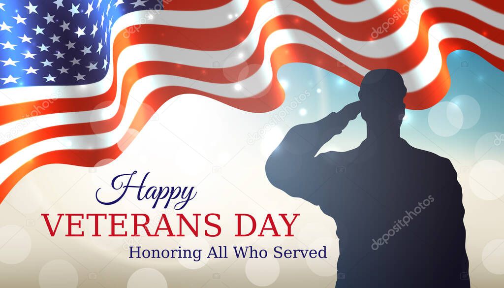Happy veterans day banner. Waving american flag, silhouette of a saluting us army soldier veteran on bokeh sky background. US national day november 11. Poster, typography design, vector illustration