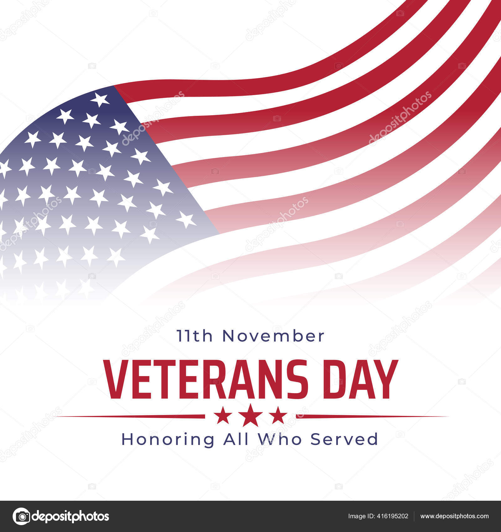 Happy Veterans Day Banner Greeting Card Waving American Flag White