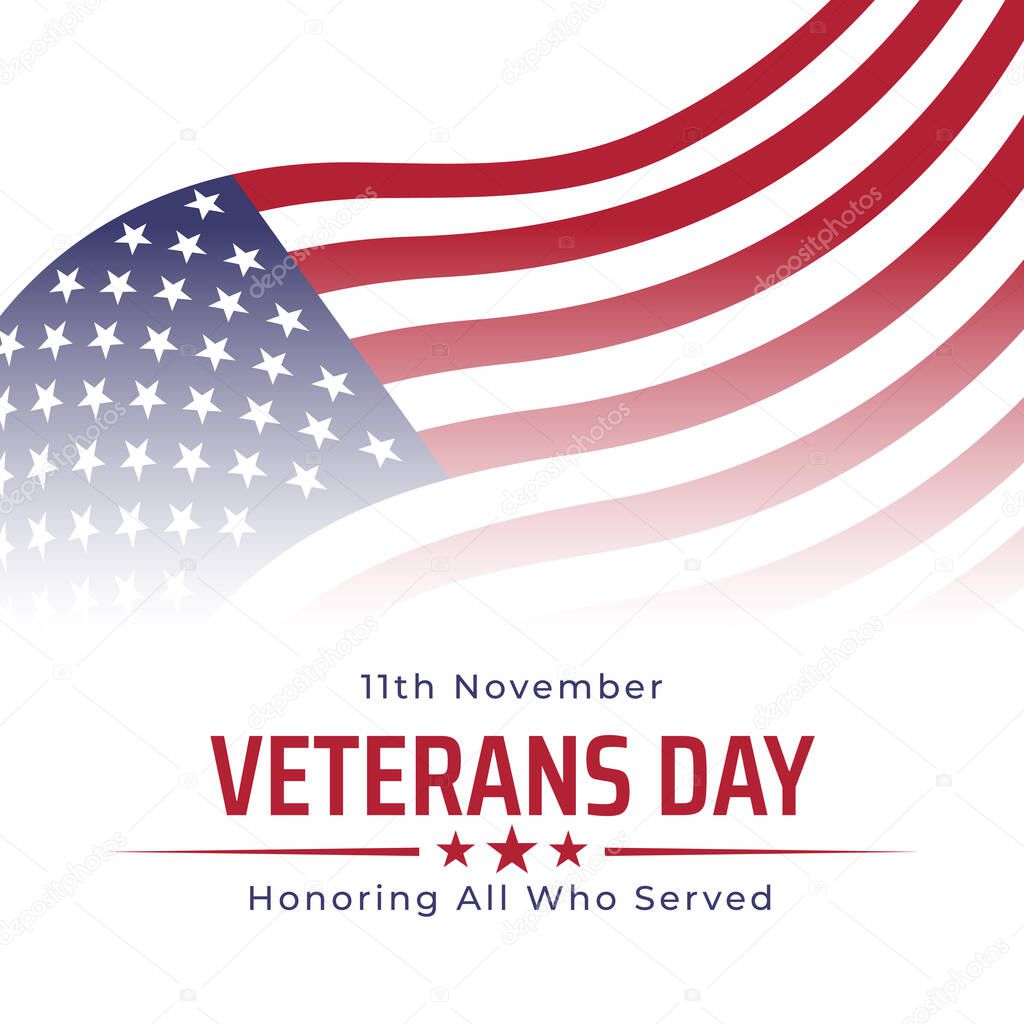 Happy veterans day banner, greeting card. Waving american flag on white background. National holiday of the USA veterans day 11 November. Poster, typography design, vector illustration