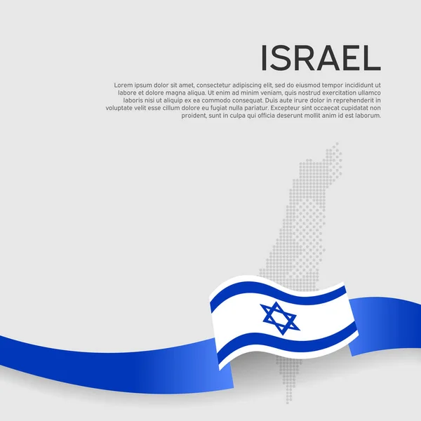 Beyaz arka planda İsrail bayrağı ve mozaik harita. İsrail bayrağının renkli dalgalı kurdeleleri. Ulusal poster. İsrail 'in vatansever pilotu, afiş. İş kitapçığı. Vektör tasarımı