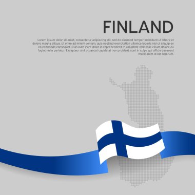 Finlandiya bayrağı dalgalı ve beyaz arka planda mozaik haritası. Finlandiya bayrağı dalgalı kurdele. Ulusal poster tasarımı. Eyalet vatansever afişi, el ilanı. İş kitapçığı. Vektör illüstrasyonu