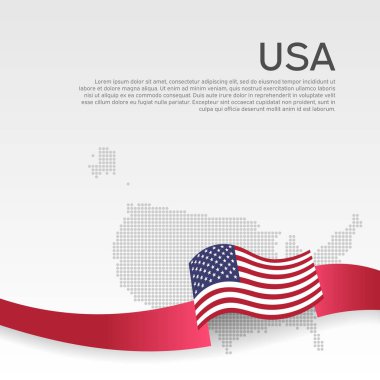Beyaz arka planda Amerikan dalgalı bayrağı ve mozaik haritası. ABD bayrağı dalgalı kurdele renginde. Ulusal Amerikan posteri. Vektör tasarımı. İş kitapçığı. Amerikan vatanseverlik maskesi, el ilanı.