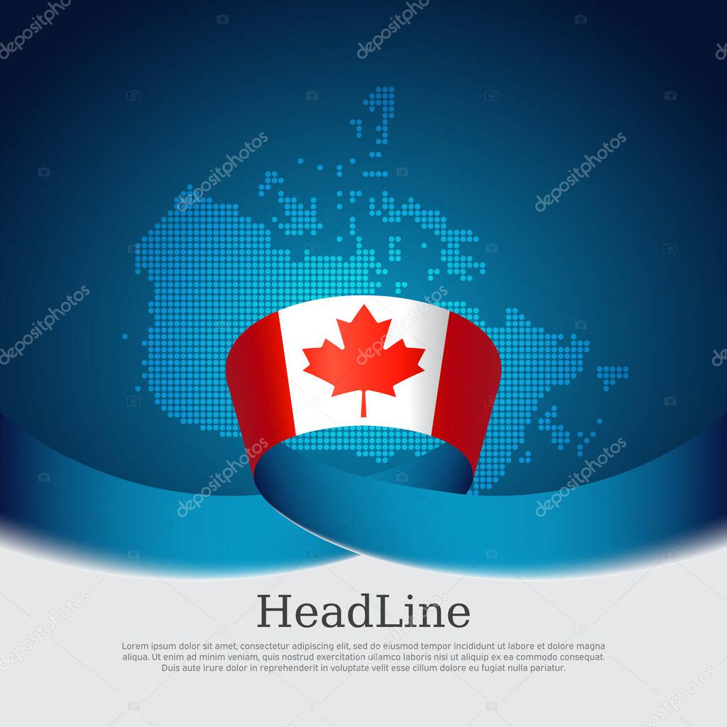 Canada flag background. Canada flag, mosaic map on blue white background. National poster. Vector business brochure design. State Canadian patriotic banner, cover, flyer