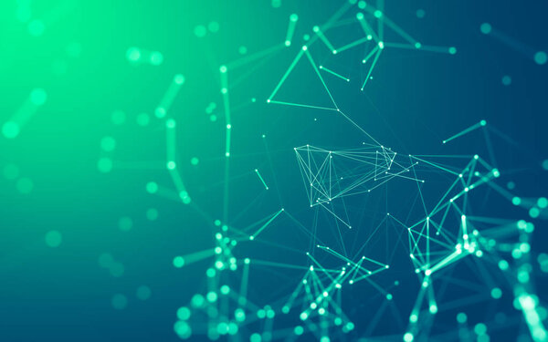 Абстрактное многоугольное пространство на темном фоне с низкими полюсами, соединяющими точки и линии. Структура соединения. 3d-рендеринг