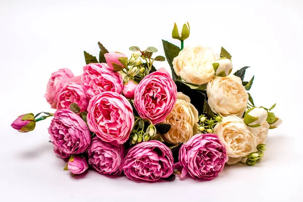 Pivoines Roses Violettes Blanches Sur Fond Blanc — Photo