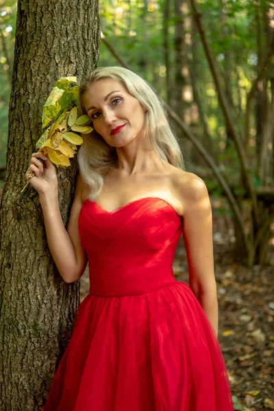 Foresta delle fiabe. Una bella ragazza è in piedi in un lungo vestito rosso vicino a un albero e nella sua mano sta tenendo una foglia di acero giallo. Foresta autunnale . — Foto Stock