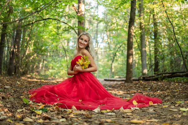 Лист сказочный и красивый лес. Прекрасная молодая девушка в красном платье, в темном лесу. В руке кленового листа — стоковое фото