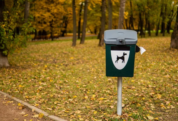 Dog waste bin in the park. In the autumn forest