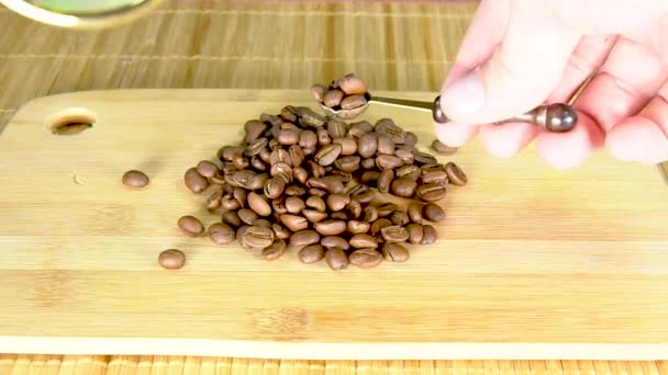 Изучение кофейных зерен с лупой или лупой на доске — стоковое видео