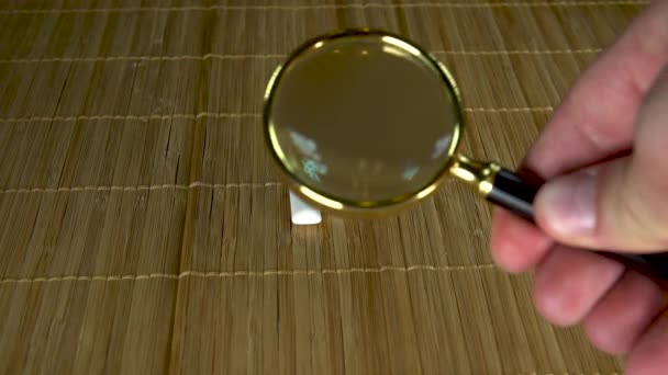 Anser tuggummi under ett stort förstoringsglas i en samling av två bitar — Stockvideo