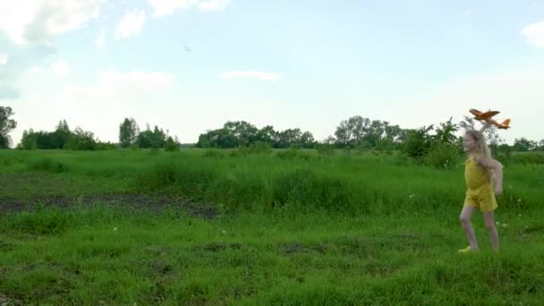 Een meisje lanceert een vliegtuig tegen de blauwe lucht en groen gras met blond lang haar Zomer in de natuur — Stockvideo