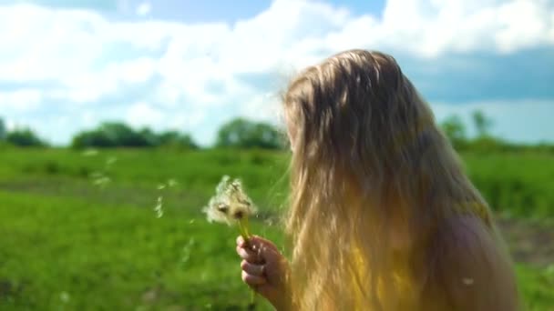 Een meisje speelt met een paardebloem filmt een close-up tegen een blauwe lucht en groen gras met lang blond haar in het dorp. — Stockvideo