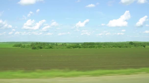 Yeşil arazi ve mavi gökyüzü güneşli bir havada otoyolda giden bir arabanın penceresinden görünüyor. — Stok video
