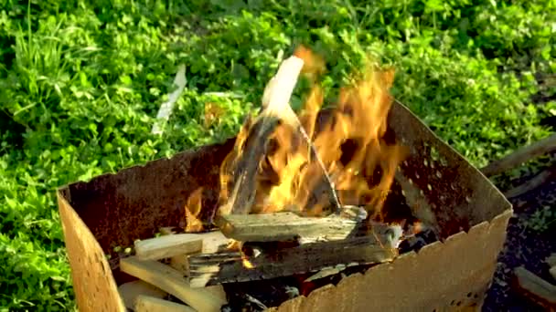 Horno de barbacoa frito en el fuego tiro de cerca caliente verano al aire libre — Vídeos de Stock