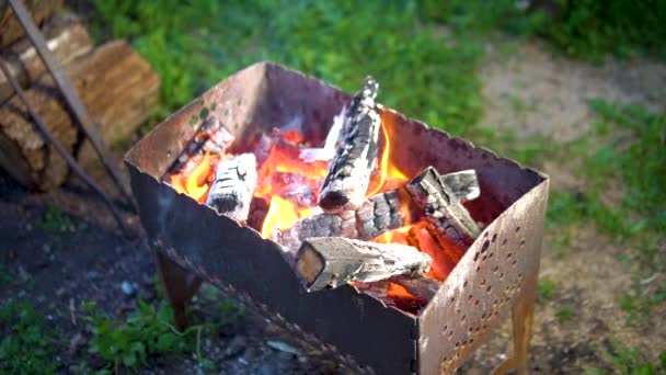 Asado a la parrilla en un fuego de carbones para kebab brillante llama tiro de cerca Verano en la naturaleza — Vídeos de Stock