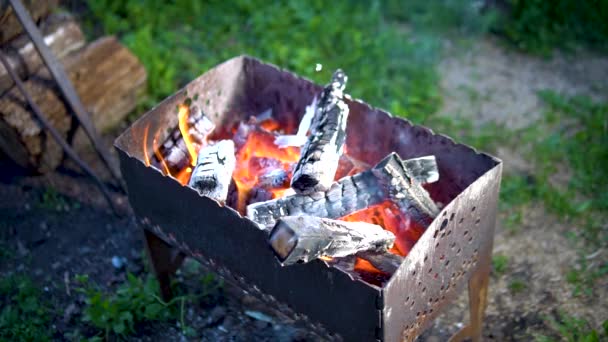 Barbacoa horno brasas a la parrilla para kebab quema hogueras de carbón en Green Grass Street — Vídeos de Stock