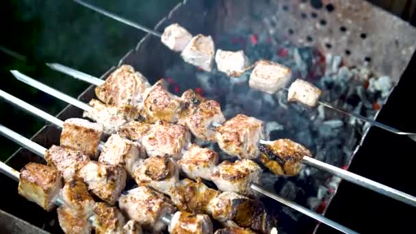Barbacoa sobre carbones delicioso kebab fragante en el fuego en la calle — Vídeos de Stock