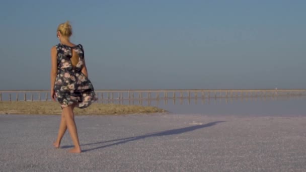 Chica camina sobre hielo, tiro en cámara lenta, vestido oscuro — Vídeo de stock