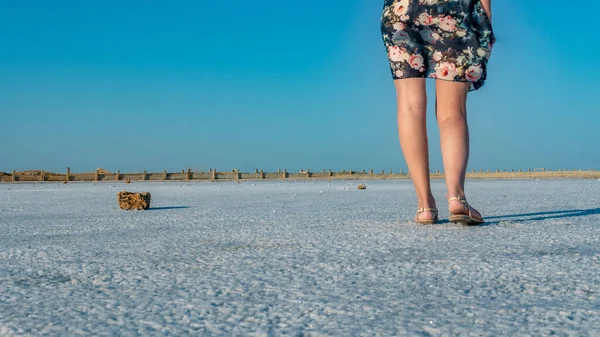 Gioiosa signora in un bellissimo vestito sullo sfondo di un lago bianco di nuvole blu sale in un caldo tempo soleggiato — Foto Stock