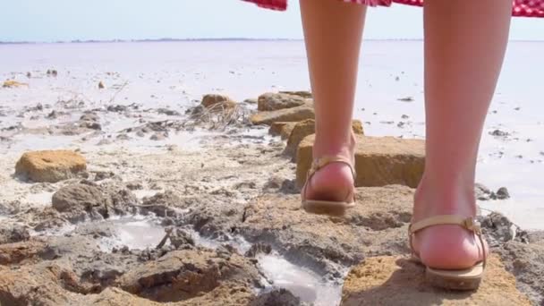 Die Beine eines Mädchens, das im Sommer bei heißem Wetter in Sandalen auf den Steinen eines salzigen rosafarbenen Sees wandelt — Stockvideo