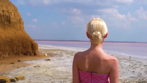 Mulher sorridente em vestido vermelho adulto com belos olhos no fundo de um lago rosa em um dia de verão — Vídeo de Stock