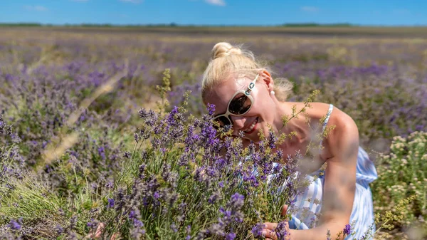 Ragazza felice in un campo di lavanda con bellissimi occhi occhiali camelie guarda con cavalletti di pelle bianca — Foto Stock