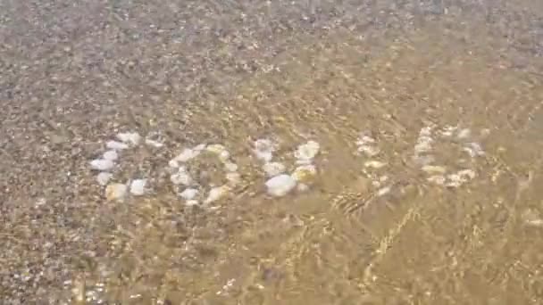 Covid19 надпись смывается водой, волной с моря, надпись сделана из ракшека, темная вода смывает надпись песком летом и в ясную погоду — стоковое видео