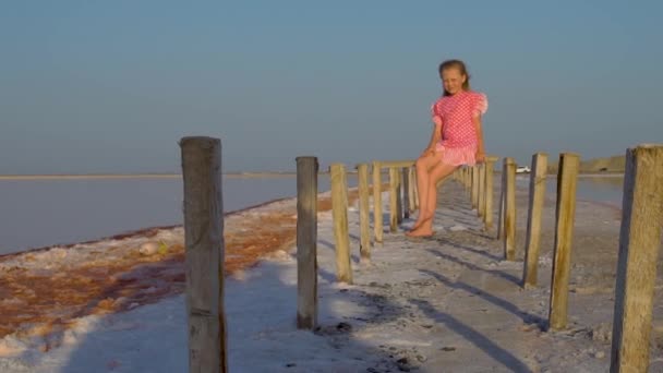 Una chica se sienta en un lago salado en el medio entre palos de madera en un vestido rojo contra un cielo azul de verano — Vídeos de Stock