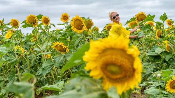 Sarı elbiseli, arka planda güzel bir gülümsemesi olan genç bir kadın. Sıcak ve güneşli bir havada ayçiçekleri olan bir kadın.