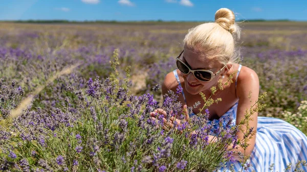 Donna allegra su un campo lilla, un giovane carismatico cercando occhiali da sole in piedi con un sorriso affascinante si erge — Foto Stock