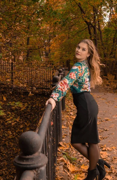 Dívka stojí na mostě v podzimním lese a odpočívá na železné pochůzce — Stock fotografie