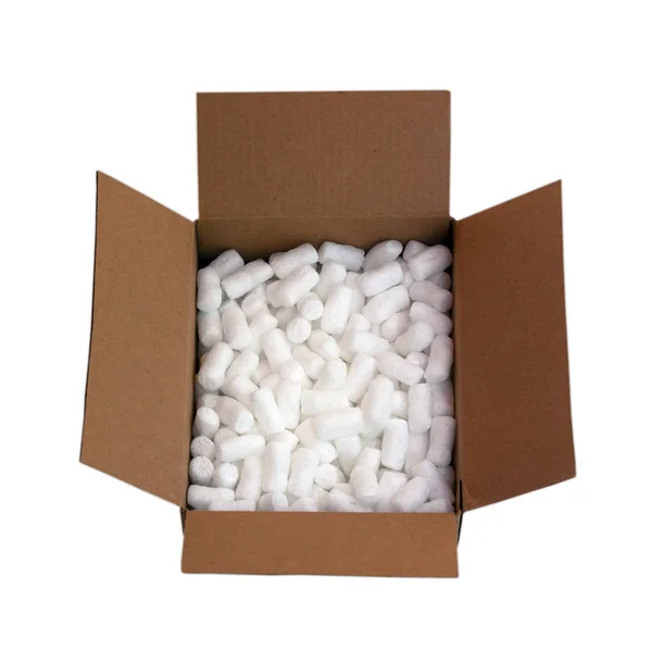 Cardboard Shipping Box Filled Packing Styrofoam Peanuts Isolated White — Stock Photo, Image