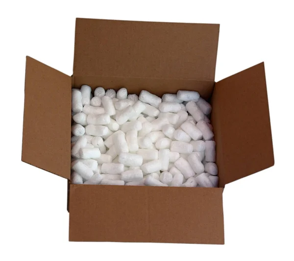 Cardboard Shipping Box Filled Packing Styrofoam Peanuts Isolated White — Stock Photo, Image