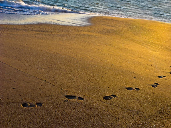 Beach Sand with Wet Footprints on Ocean Shore at Dusk