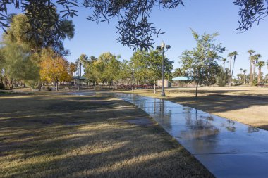 Phoenix şehir Encanto park, Arizona gölgeli yeşil ağaçların arasında ıslak geçit