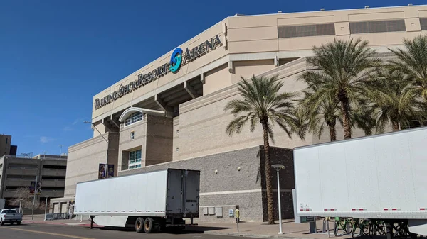 stock image Phoenix, AZ, USA - March 5, 2018: Talking Stick Resort Arena with parked nearby trailers along Jackson street getting ready for next show, Phoenix, A