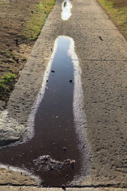 Bahar yağmurundan sonra su birikintileriyle dolu ıslak bir yürüyüş yolunun arka plan çekimi.