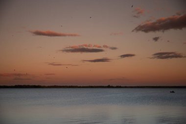 Renkli günbatımı gökyüzü altında sakin bir su altında uçan kuşlar ve ufukta küçük bir tekne ile sakin doğa sahnesi rahatlama yolculuğu ve arka plan tasarımı için ideal.