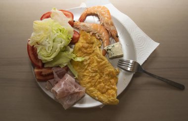 Beyaz tabakta karides, jambon, marul, domates ve küflü peynirle servis edilen lezzetli omlet. Sağlıklı beslenme, kahvaltı, öğle yemeği ve Akdeniz mutfağı temaları için mükemmel..