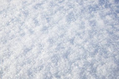 Güneş ışığında ışıl ışıl parlayan buz kristalleri ile taze beyaz karı kapat. Mevsimlik tasarım, soğuk hava, tatil dekorasyonu ve doğal dokular için kış arka planı.