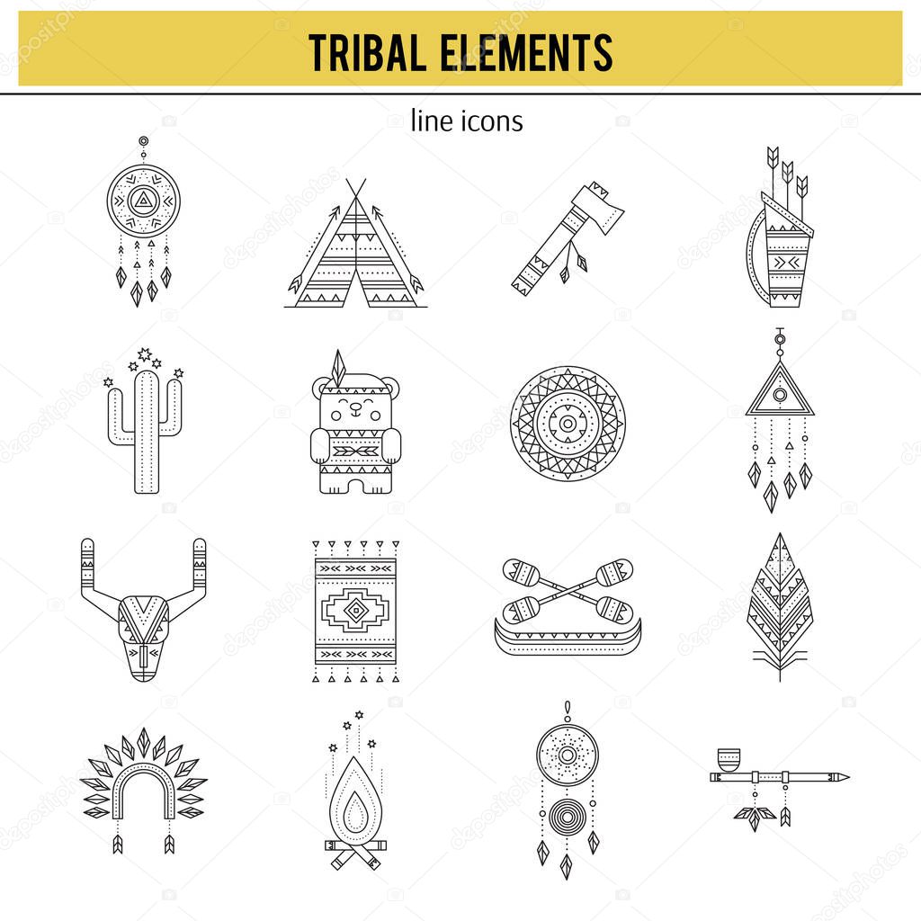 Tribal thin line icons set, vector illustration. Boho elements, bohemian style, ethnic american symbols. Black on white isolated illustrations. Simple mono linear modern design.