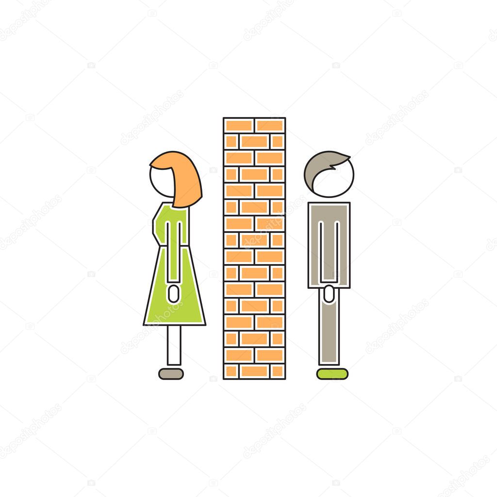 Vector thin line icon, brick wall between man and woman. Metaphor of indifference, conflict and omni directional. Colored isolated symbol. Simple mono linear modern design.
