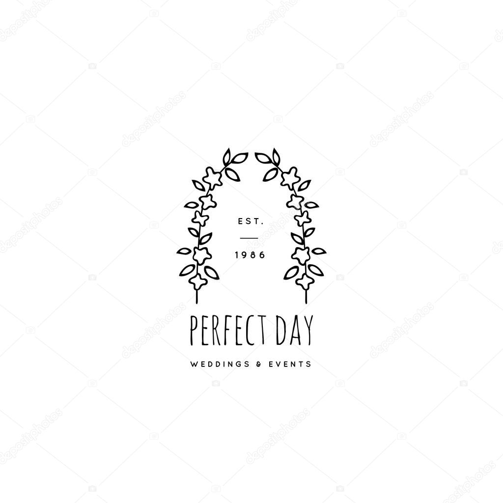 Vector floral hand drawn logo template in elegant and minimal style. Wedding arch with leaves and flowers. Feminine romantic floral clipart. For badges, labels and branding business identity.