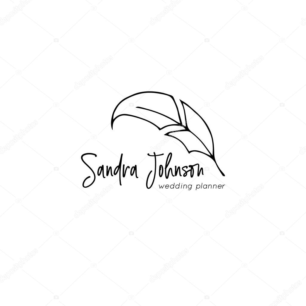 Vector hand drawn logo template in elegant minimal style. Decorative feather with a text sample. Feminine romantic clipart. For wedding planner, writer, business branding identity. Black on white.