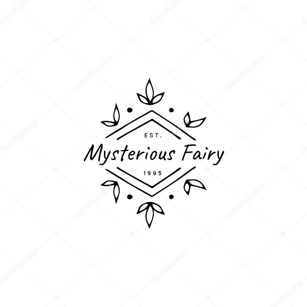 Vector floral hand drawn logo template in elegant and minimal style. Frame with leaves with a text sample. For badges, labels, logotypes and branding business identity. Feminine romantic clipart.