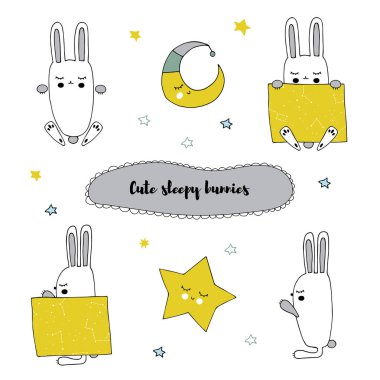 Vektör set el izole öğeleri, farklı pozisyonlarda uykulu bunny çizilmiş..