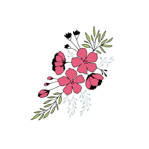 Buquê floral desenhado à mão. Flores e folhas em arranjo elegante . — Vetor de Stock
