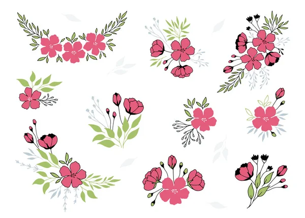 Conjunto vectorial de ramos florales dibujados a mano. Flores y hojas en arreglos elegantes — Vector de stock