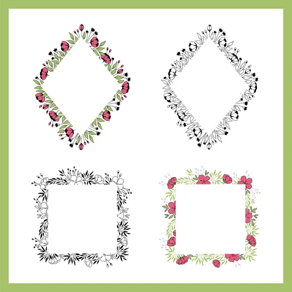 Ensemble vectoriel de cadres floraux dessinés à la main. Fleurs et feuilles dans un arrangement diamant et carré . — Image vectorielle