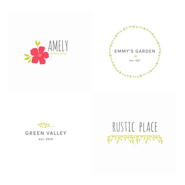 Vector uppsättning blommig handritad logotyp mallar i elegant och minimal stil. — Stock vektor